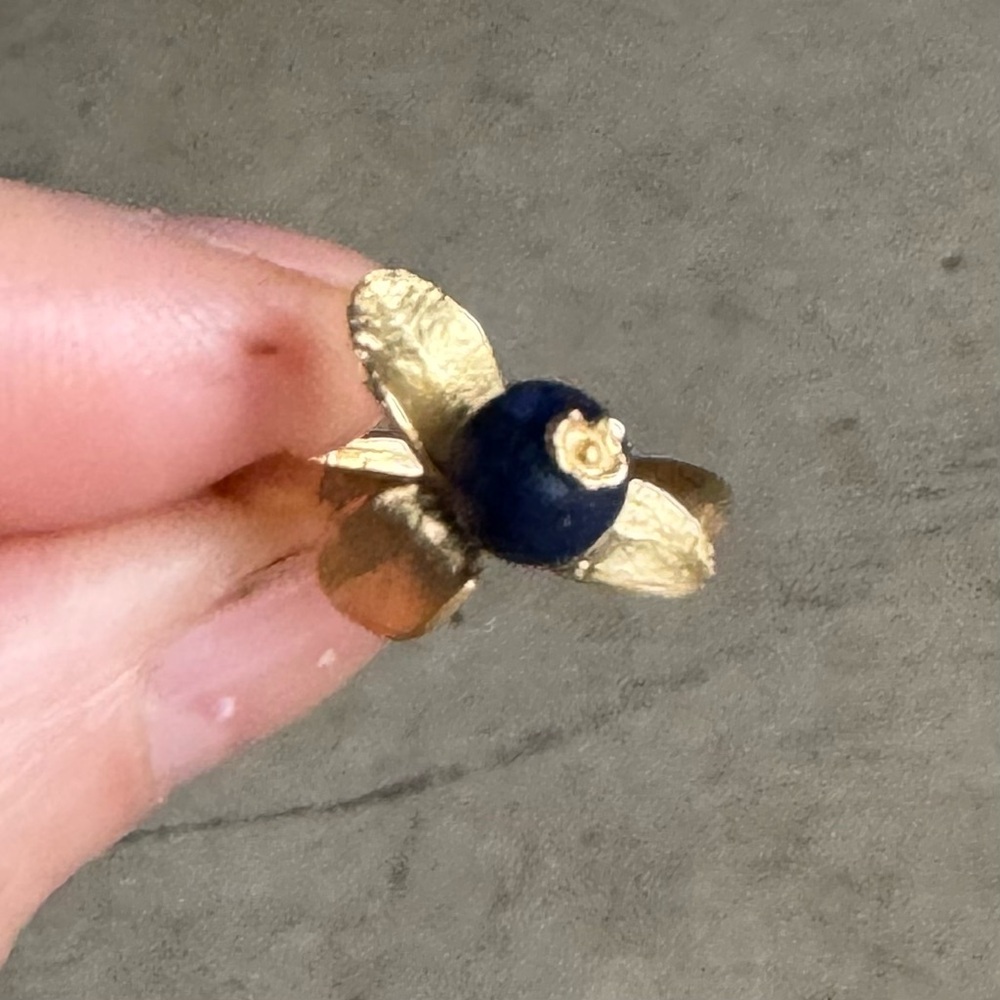 Michael Michaud Blueberry and Leaf Adjustable Cast Bronze and Blue Bead Ring